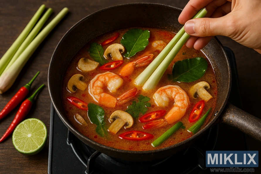 Thai soup being prepared with fresh lemongrass stalks in a rustic kitchen setting