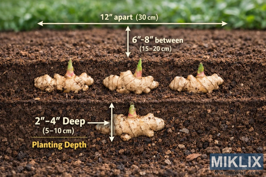 2–4 అంగుళాల లోతులో మట్టిలో నాటిన అల్లం రైజోమ్‌లను చూపించే విద్యా క్రాస్-సెక్షన్ చిత్రం, బాణాలు సరైన అంతరం మరియు లోతు కొలతలను సూచిస్తాయి.