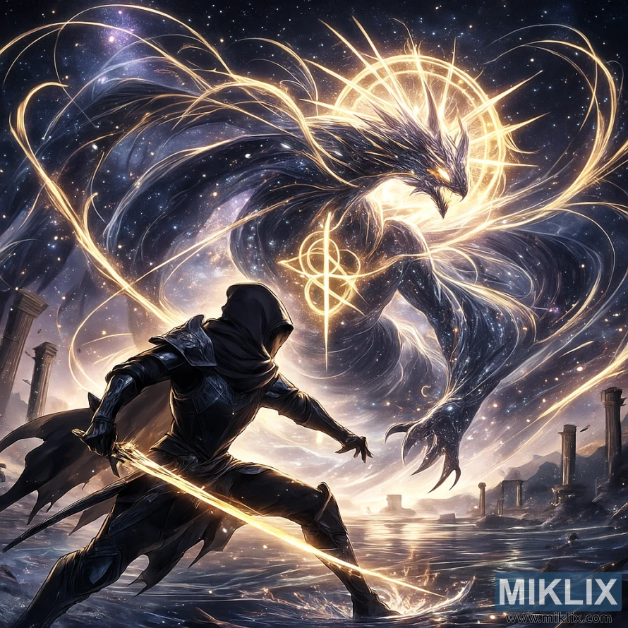 Anime-style scene of a Black Knife armored warrior confronting the glowing cosmic Elden Beast.