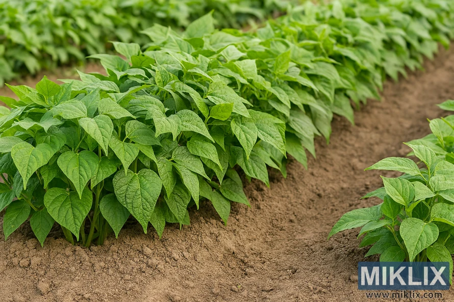 Bush bean plants growing in a neat garden row with compact foliage and healthy green leaves Bush bean plants growing in a neat garden row with compact foliage and healthy green leaves