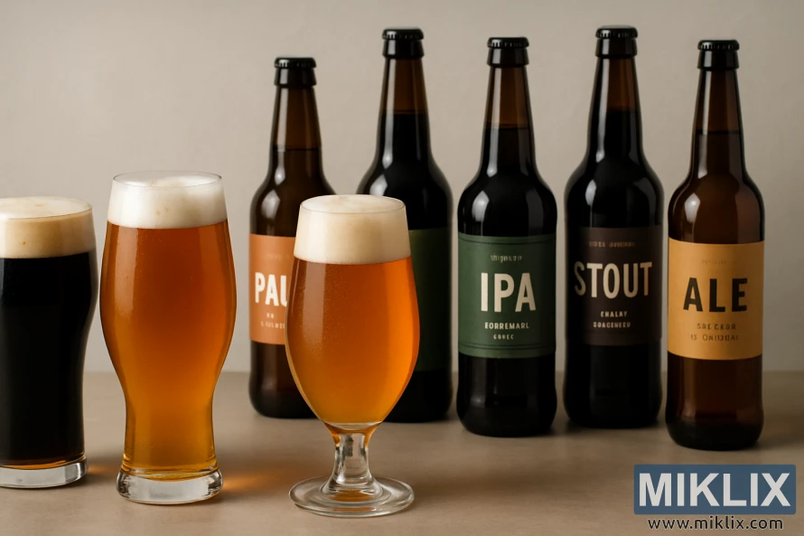 Kahirupan anu disampurnakeun tina rupa-rupa gelas bir karajinan sareng botol anu disusun dina latar anu minimalis.