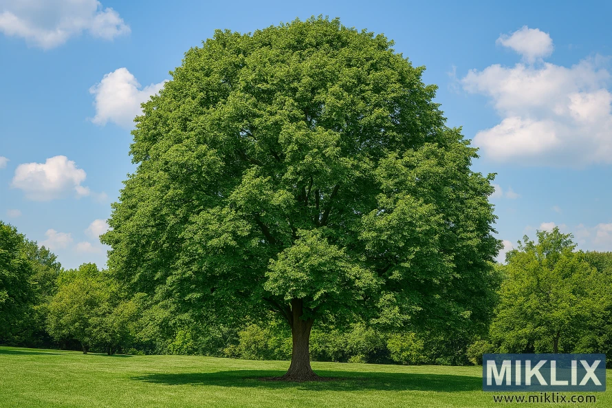 Et modent amerikansk lindetre med en bred grønn baldakin i en romslig sommerhage