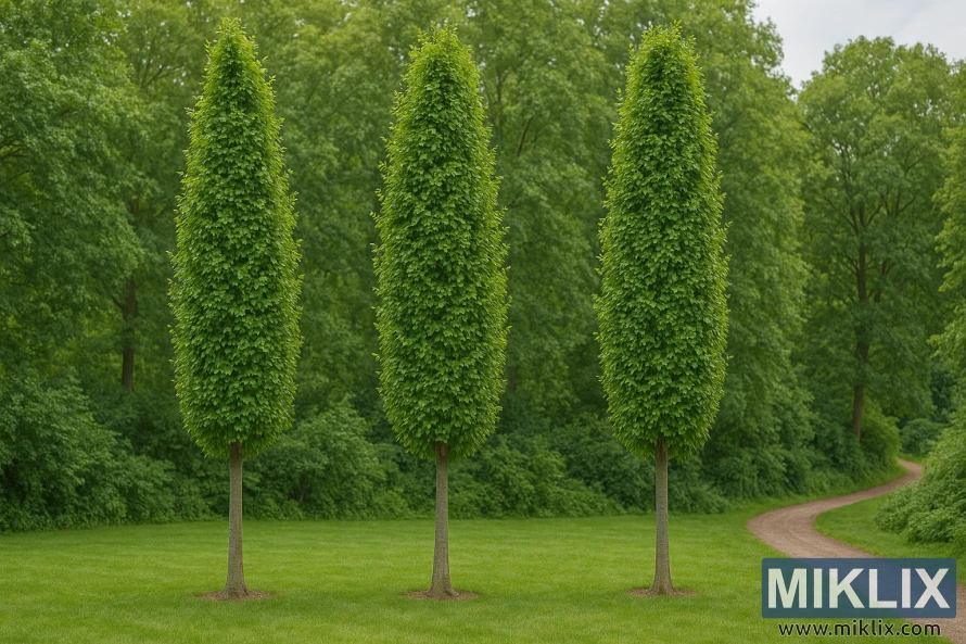 Tiga pohon Beech Eropa berbentuk kolom dengan kanopi hijau tegak yang tinggi dan sempit.
