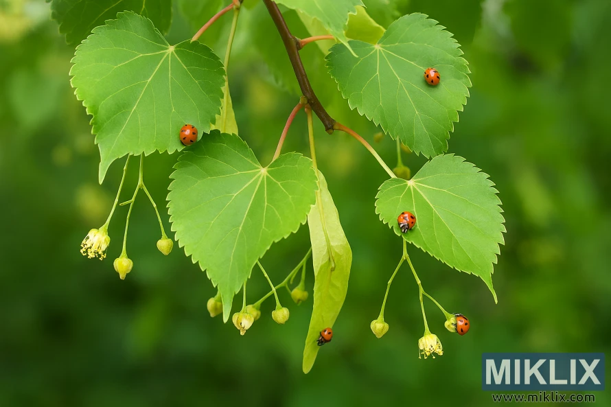 Friske lindetrær omgitt av ringblomster og hvitløk med marihøner og blonder som håndterer skadedyr