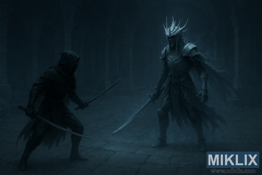 Böyük, soyuq, mavi-boz daş zalda Qədim Zamor Qəhrəmanı ilə üzləşən Qara Bıçaqlı qatilin qaranlıq fantaziya səhnəsi. Böyük, soyuq, mavi-boz daş zalda Qədim Zamor Qəhrəmanı ilə üzləşən Qara Bıçaqlı qatilin qaranlıq fantaziya səhnəsi.