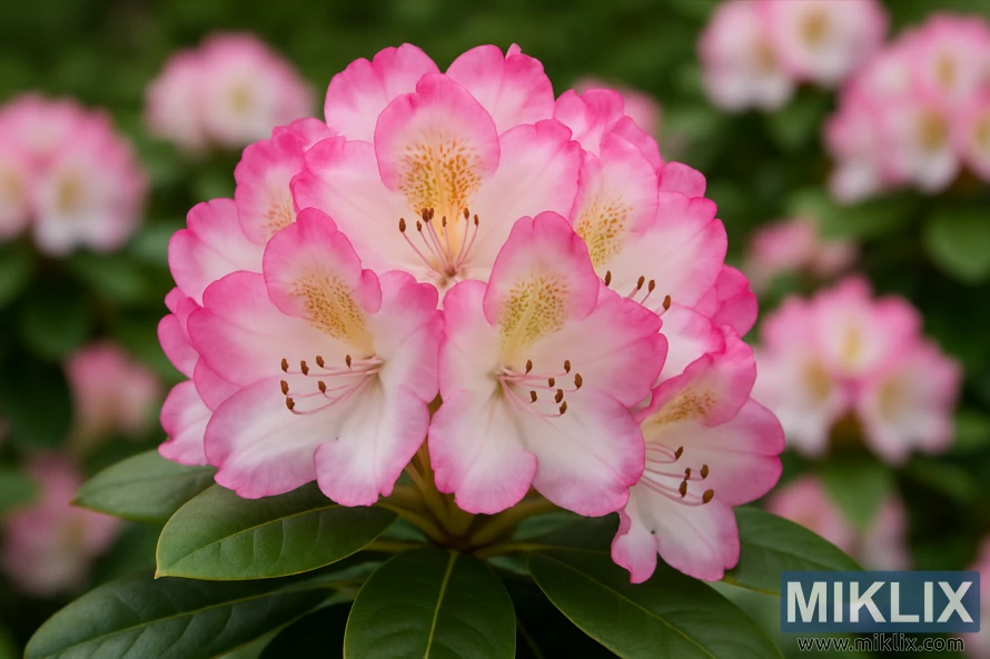 Close-up of Ken Janeck rhododendron with pink petals fading into white centers. Close-up of Ken Janeck rhododendron with pink petals fading into white centers.