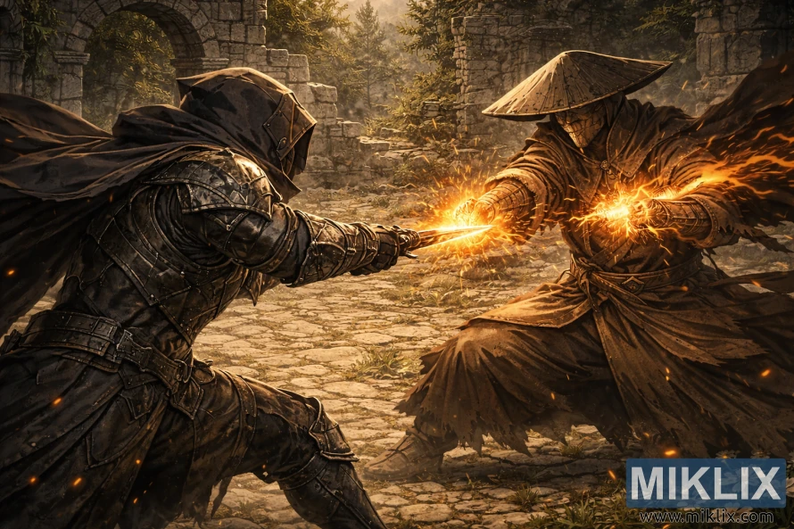 Close-up dark fantasy fan art of the Tarnished in Black Knife armor thrusting a glowing dagger into Dryleaf Dane’s flaming fists amid crumbling stone ruins. Close-up dark fantasy fan art of the Tarnished in Black Knife armor thrusting a glowing dagger into Dryleaf Dane’s flaming fists amid crumbling stone ruins.