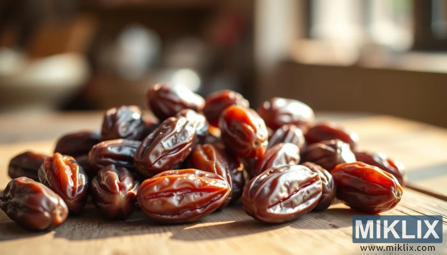 Apaļi brūni dateļi uz zemnieciska koka galda siltā zeltainā gaismā ar maigu, izplūdušu fonu. Apaļi brūni dateļi uz zemnieciska koka galda siltā zeltainā gaismā ar maigu, izplūdušu fonu.