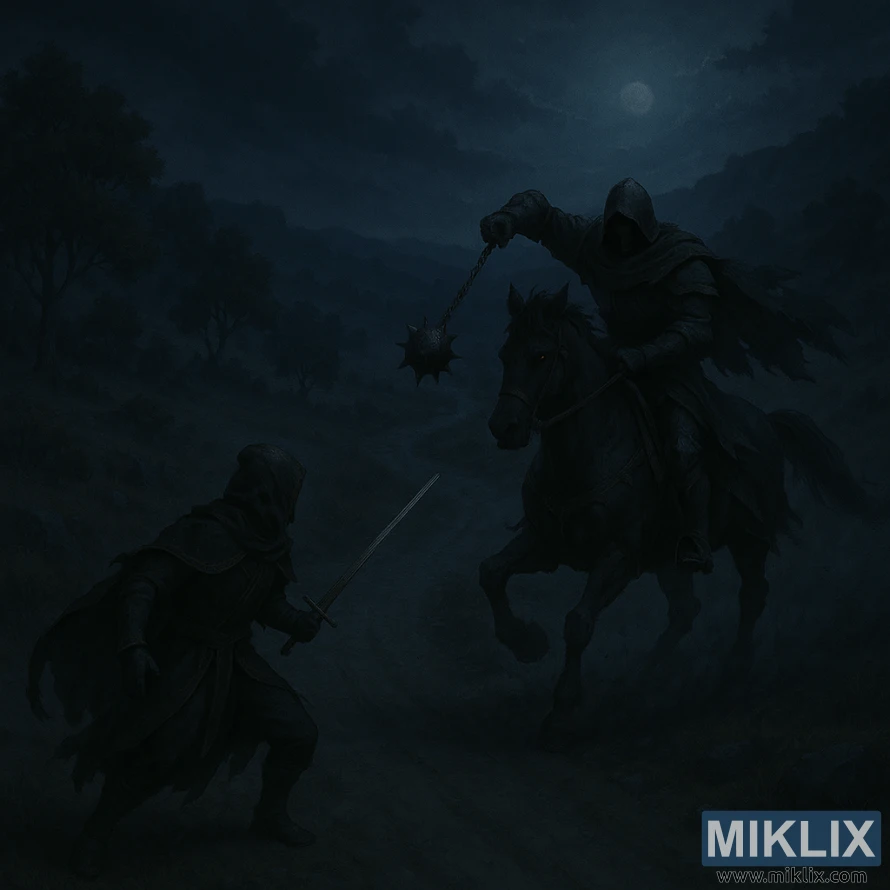 एल्डेन रिङको अल्टस हाइवेमा घोडामा सवार नाइट्स क्याभलरीसँग सामना गरिरहेको टार्निश्डको रात्रिकालीन दृश्य।