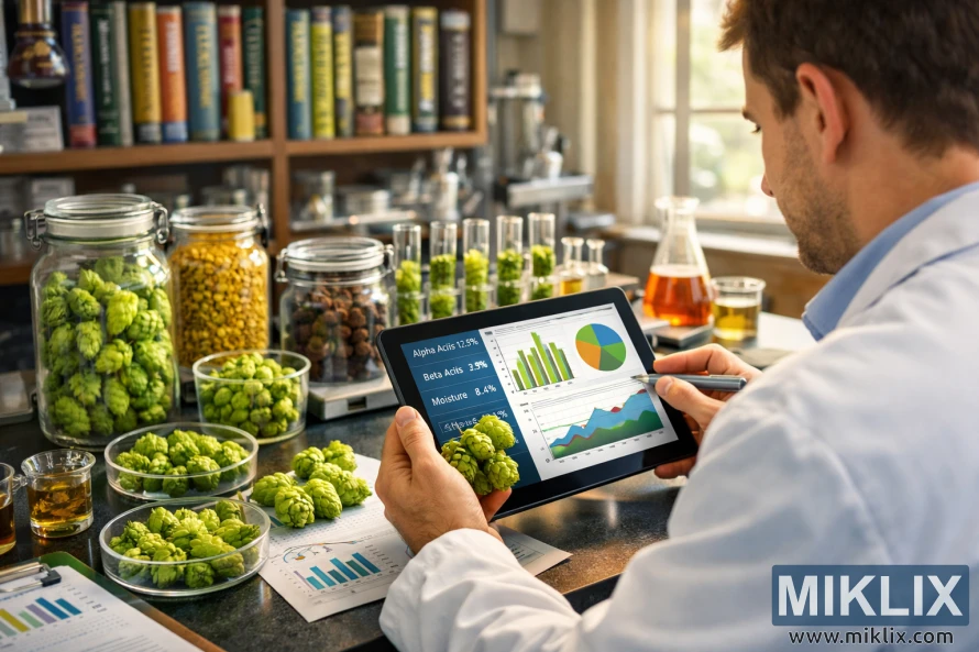 Researcher in a white lab coat analyzing hop cones and brewing data on a digital tablet in a warm, sunlit laboratory filled with hop samples and brewing science books.