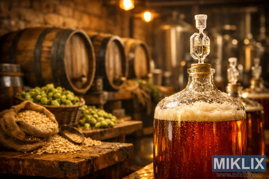 Topla, rustikalna prostorija za fermentaciju s jantarnim staklenim demižonom ispunjenim pivom u prvom planu, mjehurićavom zračnom komorom, drvenim bačvama, hmeljem i žitaricama pod mekim zlatnim svjetlom.