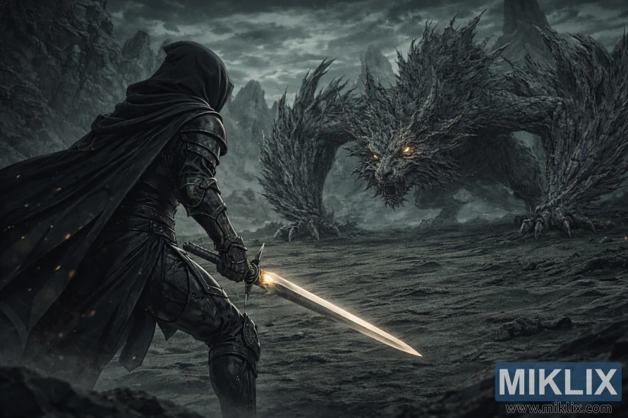Anime-style fan art showing the Tarnished on the left, seen from behind with a glowing sword, facing a massive jagged beast in a dark green-gray wasteland before battle.