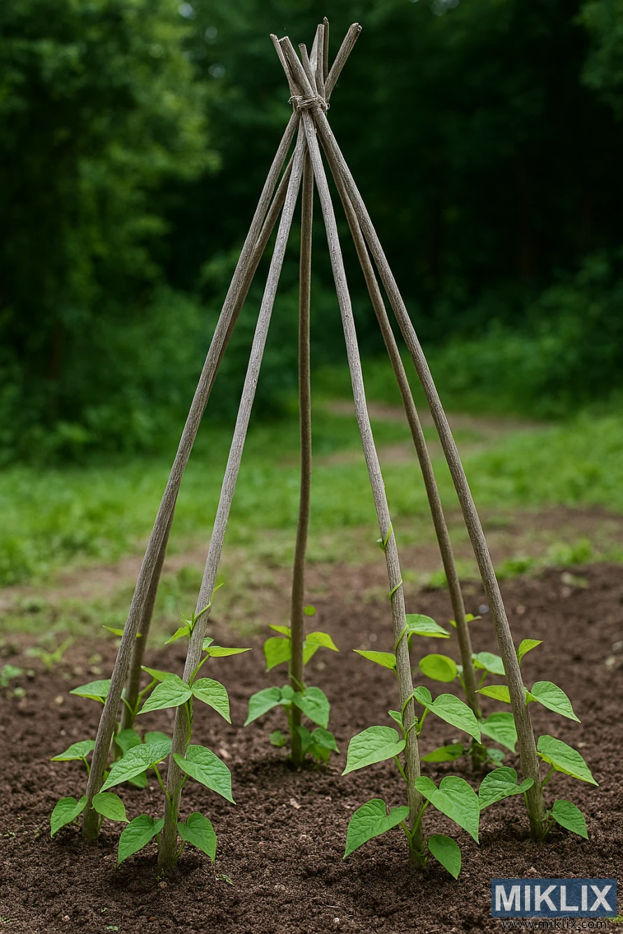 Bean teepee structure with young pole bean plants climbing wooden poles in a garden Bean teepee structure with young pole bean plants climbing wooden poles in a garden
