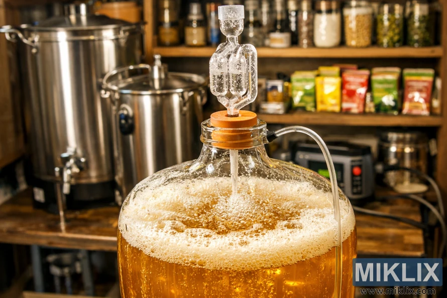 Clear glass fermenter filled with golden wort being oxygenated by a diffusion stone, with bubbles rising, stainless-steel brewing equipment nearby, and brewing ingredients on shelves in the background.