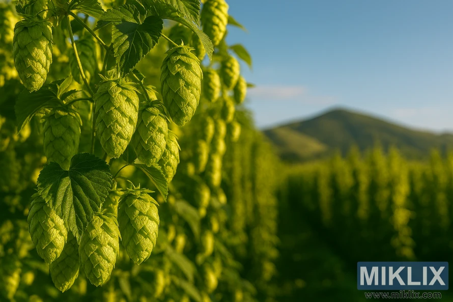 Close-up of lupulin-rich hop cones glowing in golden sunlight with rolling hills and blue sky in the background. Close-up of lupulin-rich hop cones glowing in golden sunlight with rolling hills and blue sky in the background.