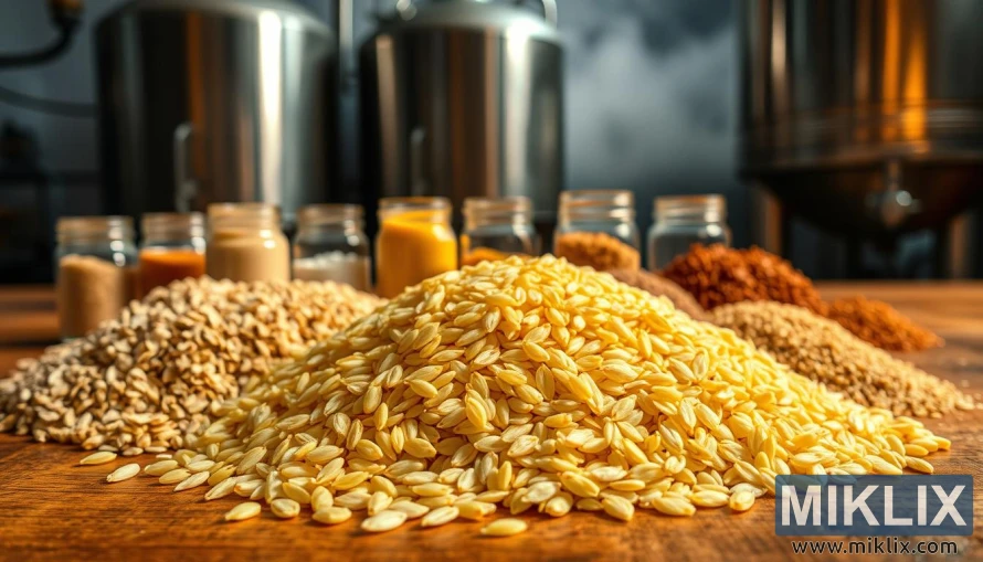 Utvalg av ølbryggingstillegg inkludert ris, havre, mais og kandissukker på et trebord.