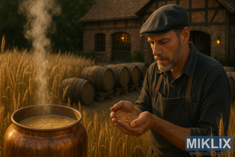 Hveteåkeren omgir et koselig bryggeri med kobberkjele og brygger som sjekker korn. Hveteåkeren omgir et koselig bryggeri med kobberkjele og brygger som sjekker korn.