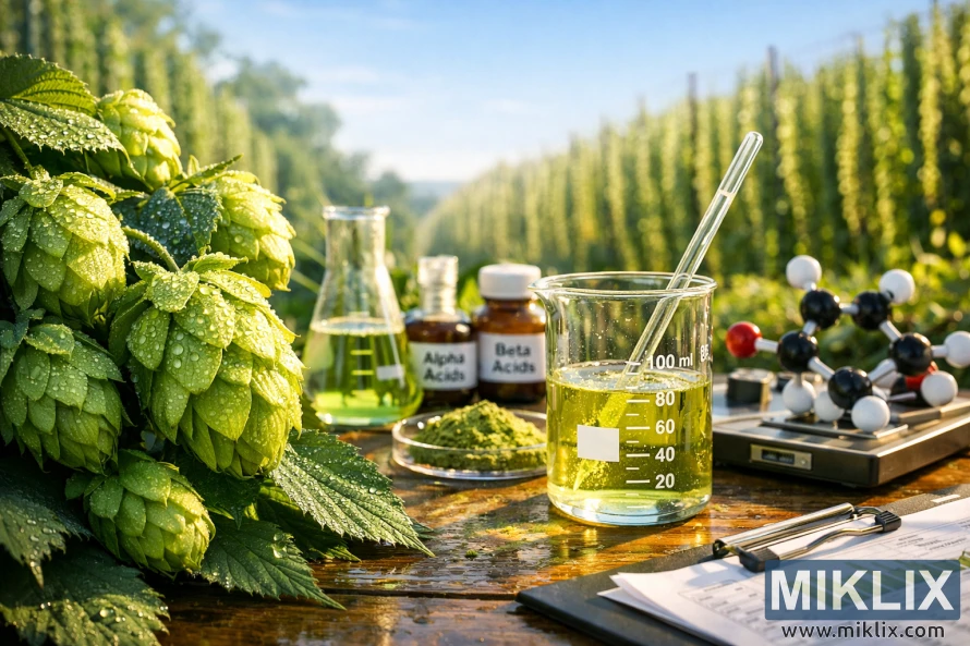 Lush green Nadwiślańska hop cones with morning dew in the foreground, a laboratory analyzing hop acids in the middle ground, and sunlit hop fields under a blue sky in the background.