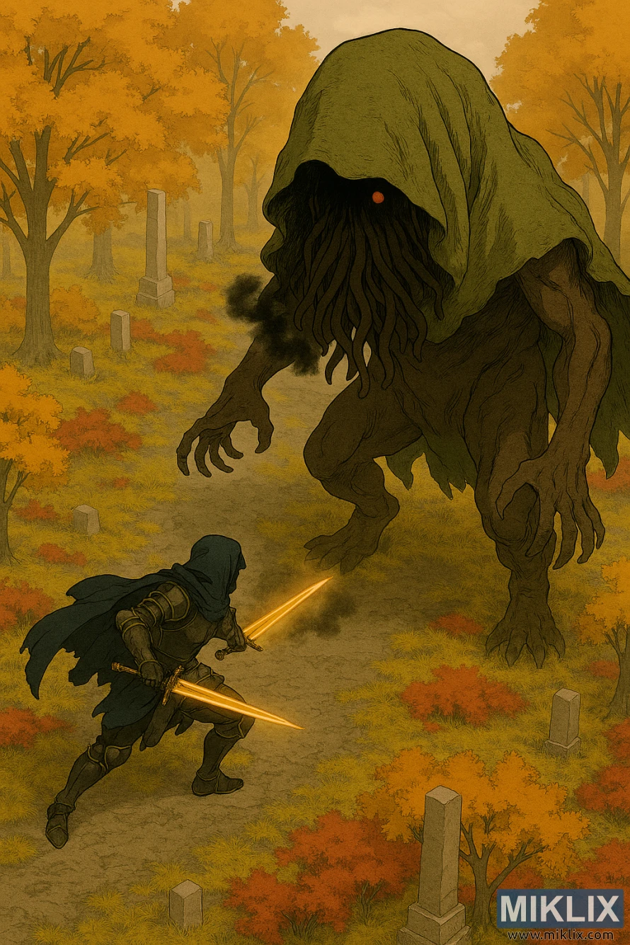 Un Sans-éclat encapuchonné en armure de couteau noir combat le monstre Wormface imposant au milieu d’arbres d’automne et de pierres tombales sur le plateau d’Altus.