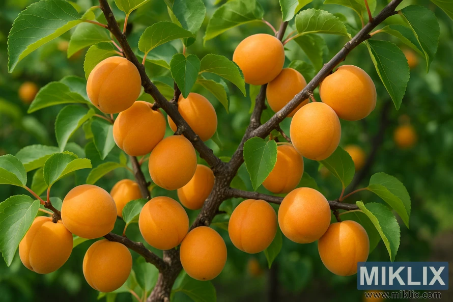 Une branche d'abricotier Goldcot couverte de fruits mûrs, d'un orange doré, parmi des feuilles d'un vert éclatant, baignée par une douce lumière du soleil.