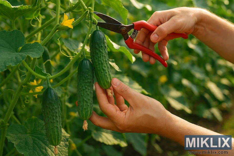 Hands using pruning shears to harvest ripe cucumbers from a lush green vine