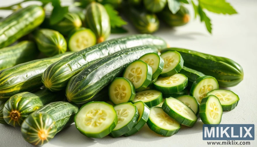 すっきりとしたミニマルな静物画の中で、自然光の下でキラキラと輝く新鮮な丸ごとキュウリとスライスしたキュウリ。