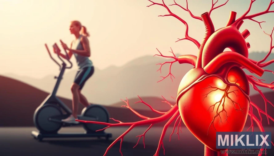 სისხლძარღვებით გამოსახული ენერგიული გულისა და ელიფსურ ტრენაჟორზე ვარჯიშის შემსრულებელი ადამიანის ილუსტრაცია.