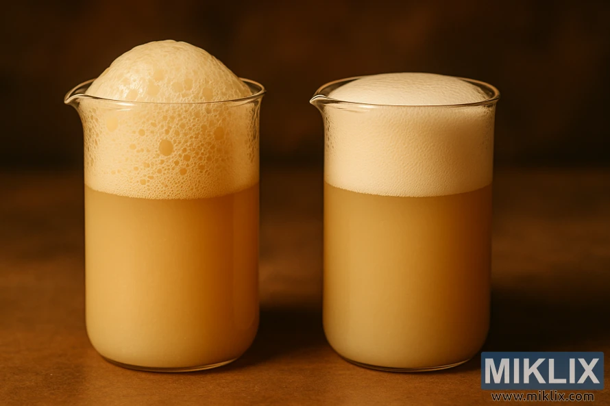 Երկու ապակե բաժակներ կողք կողքի, որոնցից յուրաքանչյուրը լցված է գարեջրի խմորիչով՝ ցուցադրելով տարբեր փրփուրի հյուսվածք։