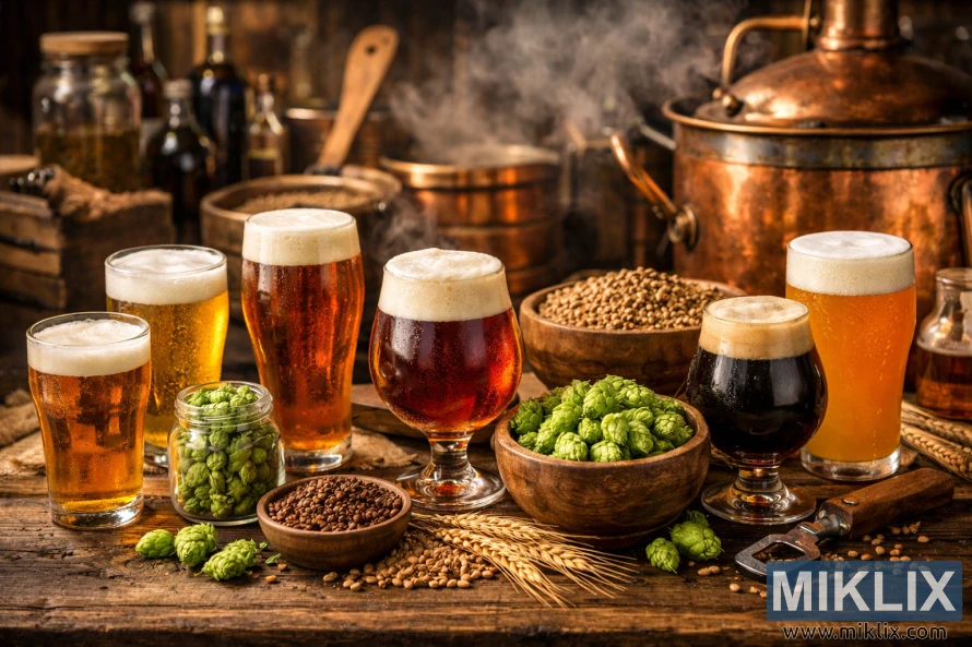A rustic table displays a variety of American ale beers in different glass styles, surrounded by fresh hops, malt grains, and copper brewing equipment under warm ambient lighting.