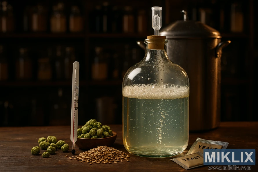 Glass carboy with bubbling beer, thermometer, hops, grains, yeast packets, and stainless steel fermenter in cozy brewery setting