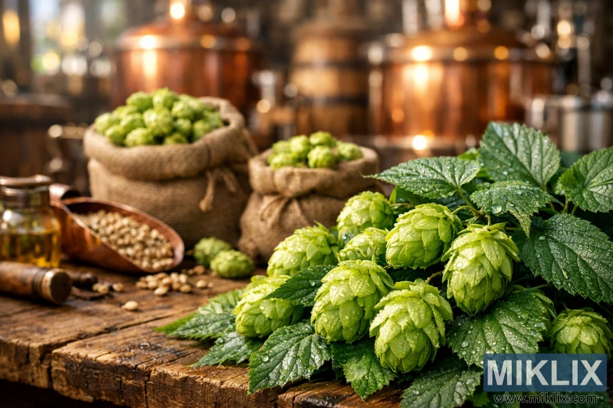 Fresh green Bianca hop cones with dewy leaves on a rustic wooden table, surrounded by burlap sacks of hops and brewing tools, with copper kettles and barrels softly blurred in the background.