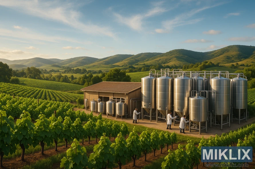 સ્વચ્છ વાદળી આકાશ નીચે આથો સુવિધા અને કામદારો સાથેનો વાઇનયાર્ડ.