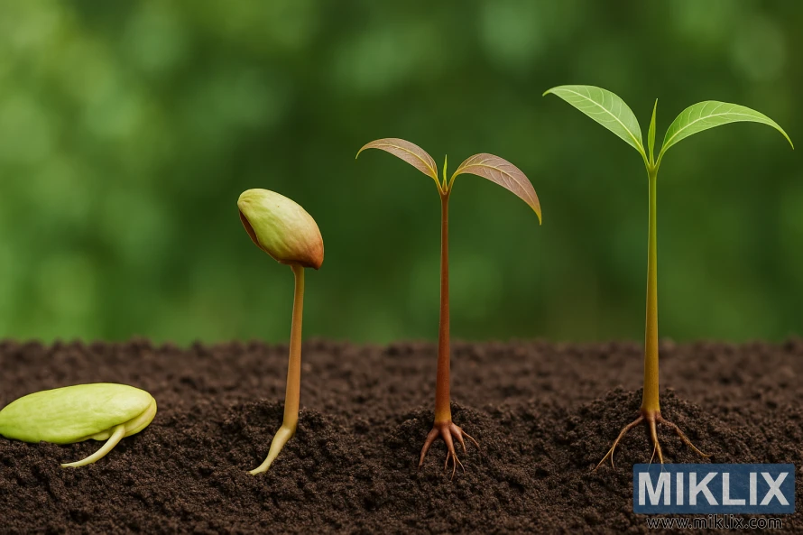 Four stages of mango seed germination from seed to young plant in soil with green background