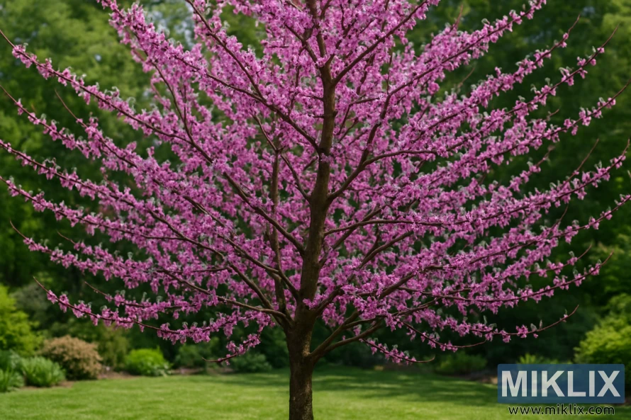 Eastern Redbud tree in full bloom with pink-purple flowers in a garden.