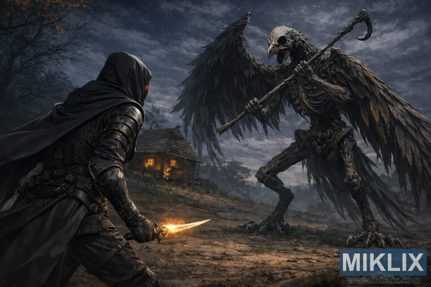 Ilustrație realistă, întunecată, a unui personaj cu glugă, pătat, în armură neagră, văzut din spate, confruntându-se cu un monstru-pasăre scheletic impunător, lângă o colibă luminată noaptea.