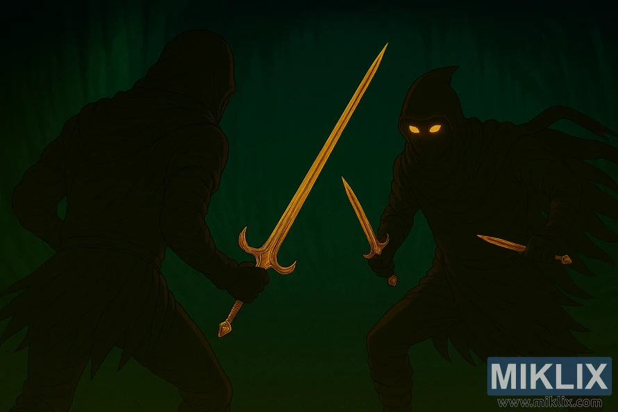 Anime-style fan art of the Tarnished wielding a sword against a dual-dagger Black Knife Assassin in a glowing cave Anime-style fan art of the Tarnished wielding a sword against a dual-dagger Black Knife Assassin in a glowing cave