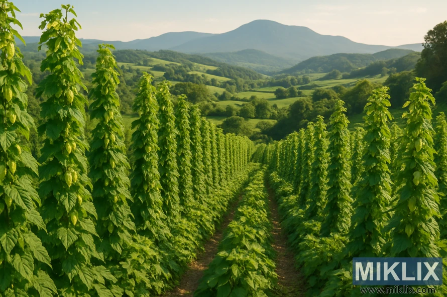 Vrste visokih zelenih hmeljev se raztezajo čez valovite, s soncem obsijane griče, v daljavi pa se dvigajo modre gore.