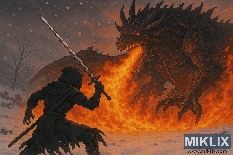 Anime-stil scen av en Black Knife-pansarkrigare som möter en eldsprutande magmaorm i ett snöigt landskap. Anime-stil scen av en Black Knife-pansarkrigare som möter en eldsprutande magmaorm i ett snöigt landskap.