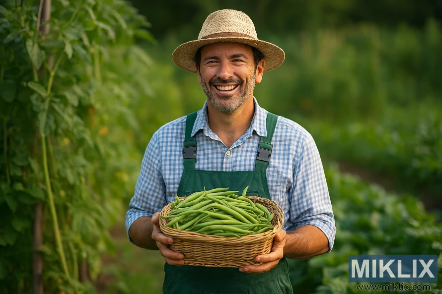 Smiling gardener holding a basket of green beans in a lush garden Smiling gardener holding a basket of green beans in a lush garden
