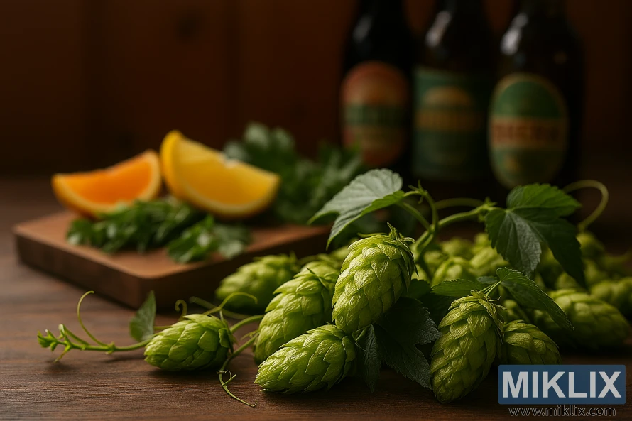 Fresh Chelan hop cones with citrus wedges, herbs, and craft beer bottles on a rustic wooden surface. Fresh Chelan hop cones with citrus wedges, herbs, and craft beer bottles on a rustic wooden surface.
