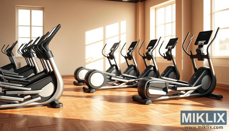ელეგანტური ელიფსური ტრენაჟორები თანამედროვე ფიტნეს სტუდიაში თბილი ბუნებრივი განათებით.