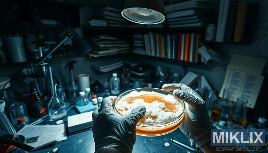 Hender som undersøker en boblende gjærkultur i et svakt opplyst laboratorium med spredt utstyr.