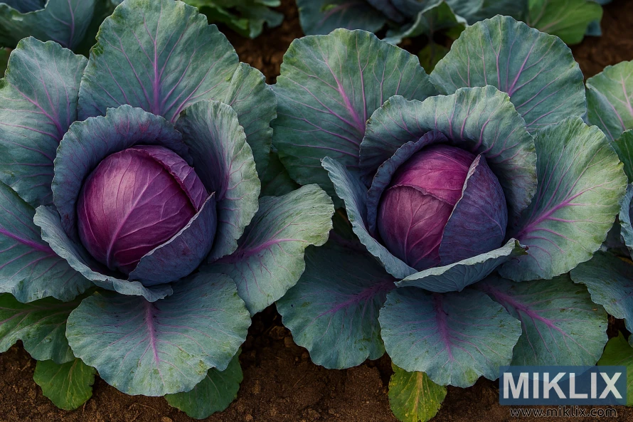 Two vibrant red cabbages growing among green and purple leaves in a garden bed