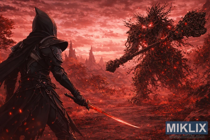 ડાબી બાજુ કાળા છરીના બખ્તરમાં કલંકિતની એનાઇમ-શૈલીની છબી, પાછળથી દેખાય છે, યુદ્ધ પહેલાં કેલિડમાં ઉંચા પુટ્રિડ અવતારનો સામનો કરી રહી છે. ડાબી બાજુ કાળા છરીના બખ્તરમાં કલંકિતની એનાઇમ-શૈલીની છબી, પાછળથી દેખાય છે, યુદ્ધ પહેલાં કેલિડમાં ઉંચા પુટ્રિડ અવતારનો સામનો કરી રહી છે.