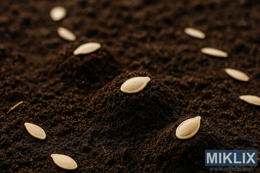 Close-up of pumpkin seeds placed on dark soil mounds for planting