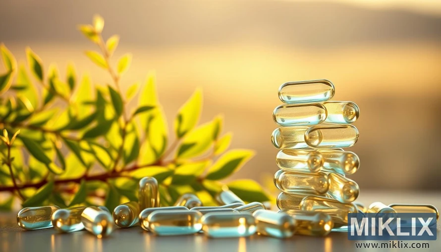 Glansende sitrullienmalaatkapsules met groen blare en 'n sagte aardse agtergrond.