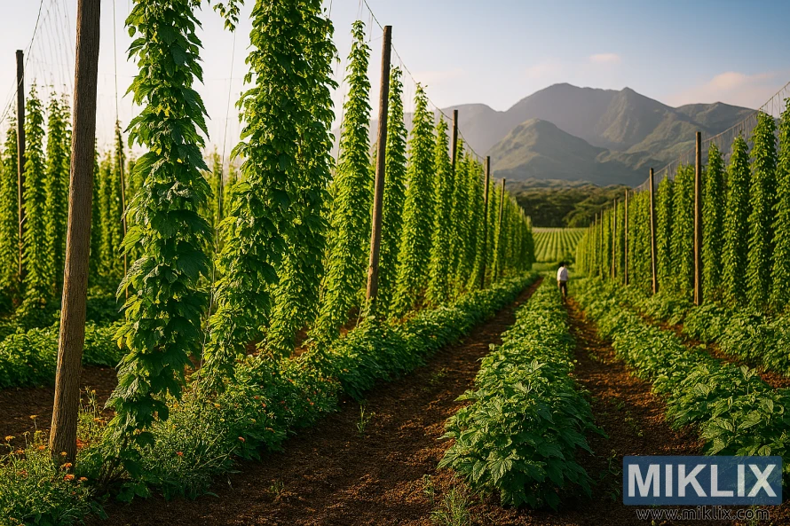 হাওয়াইয়ের ওয়াইমিয়ায় একটি সবুজ হপ মাঠের প্রাকৃতিক দৃশ্য, যেখানে সোনালী সূর্যের আলোয় ট্রেলিসড লতা, বুনো ফুল এবং দূরবর্তী পাহাড় দেখা যাচ্ছে। হাওয়াইয়ের ওয়াইমিয়ায় একটি সবুজ হপ মাঠের প্রাকৃতিক দৃশ্য, যেখানে সোনালী সূর্যের আলোয় ট্রেলিসড লতা, বুনো ফুল এবং দূরবর্তী পাহাড় দেখা যাচ্ছে।