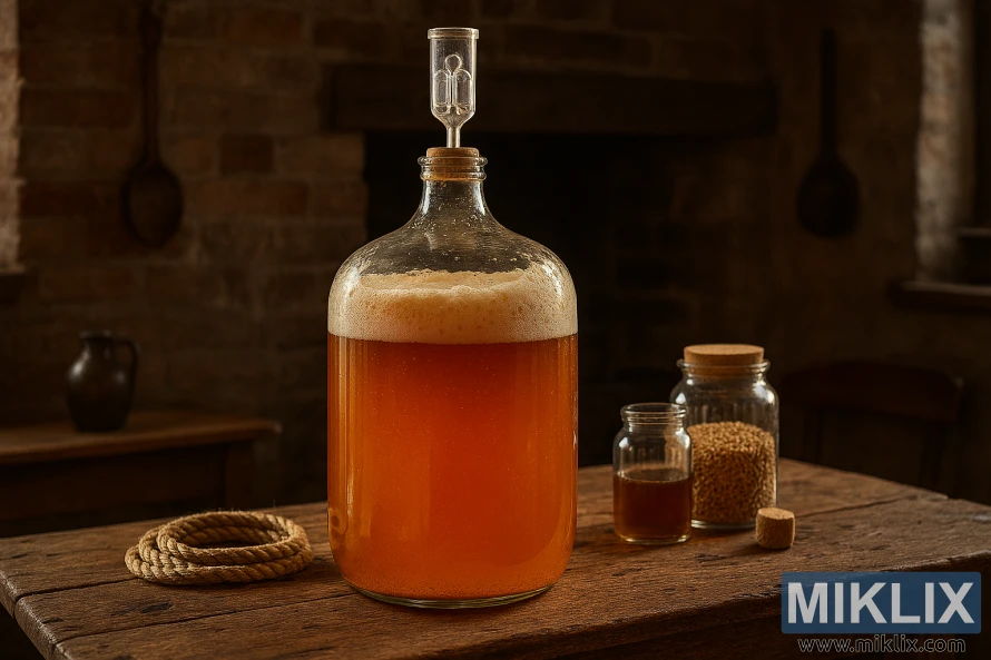 Glass carboy of golden Belgian ale fermenting on a rustic wooden table in a traditional farmhouse brewing setting Glass carboy of golden Belgian ale fermenting on a rustic wooden table in a traditional farmhouse brewing setting