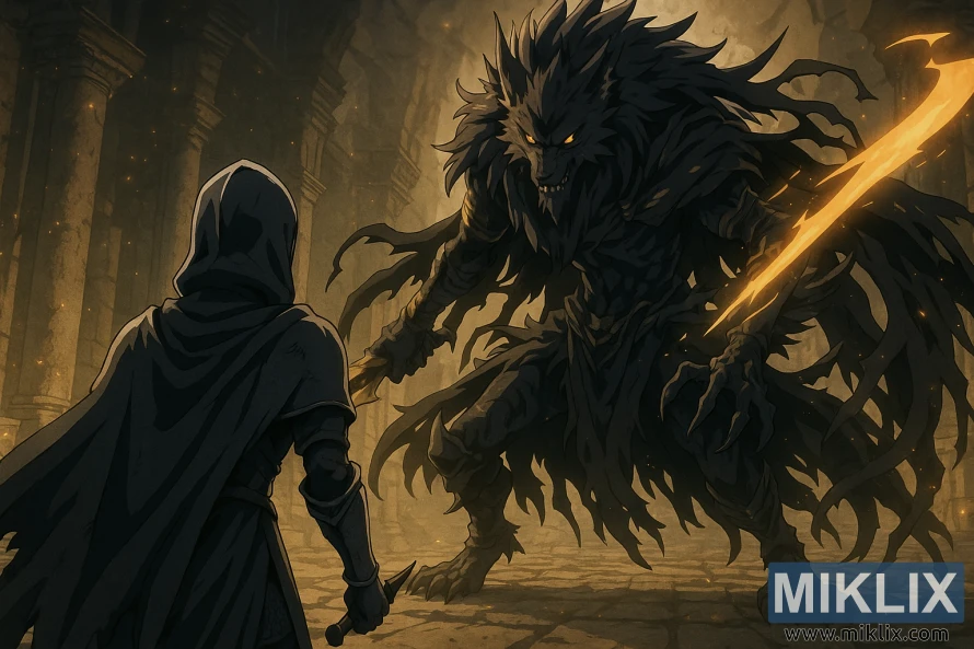 Anime-style scene of a player in Black Knife armor facing Maliketh, the Black Blade, inside a dim ancient temple.