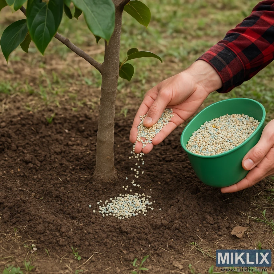 Hands spreading balanced granular fertilizer evenly around the base of a young persimmon tree planted in a garden. Hands spreading balanced granular fertilizer evenly around the base of a young persimmon tree planted in a garden.